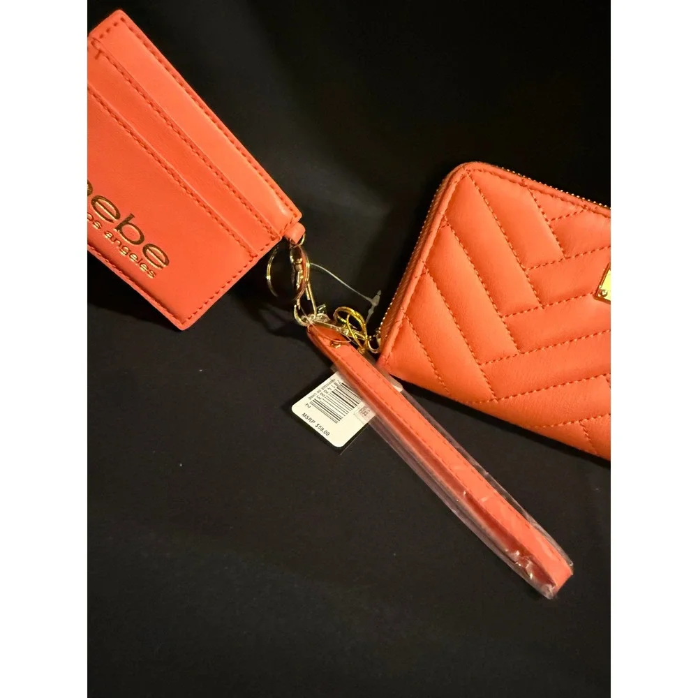 Bebe Los Angeles Quilted Zip Around Wallet and Card Holder Set Coral Orange NWT